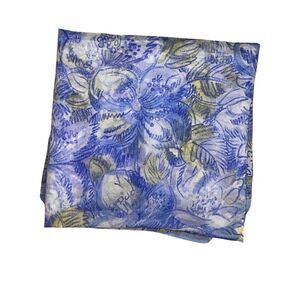 100% Silk Blue, White & Yellow Floral Transparent Scarf Wrap Cover Up Vintage